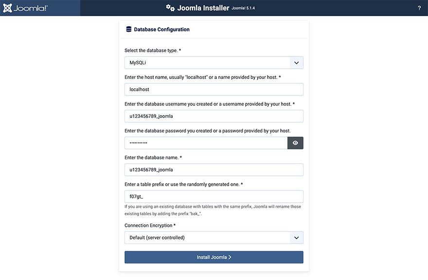 Joomla database parameters