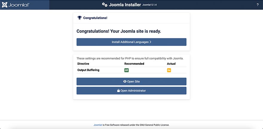 Finishing Joomla installation